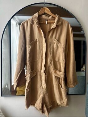 YOUNG FABULOUS & BROKE - LINEN ROMPER WITH FRAYED HEMS